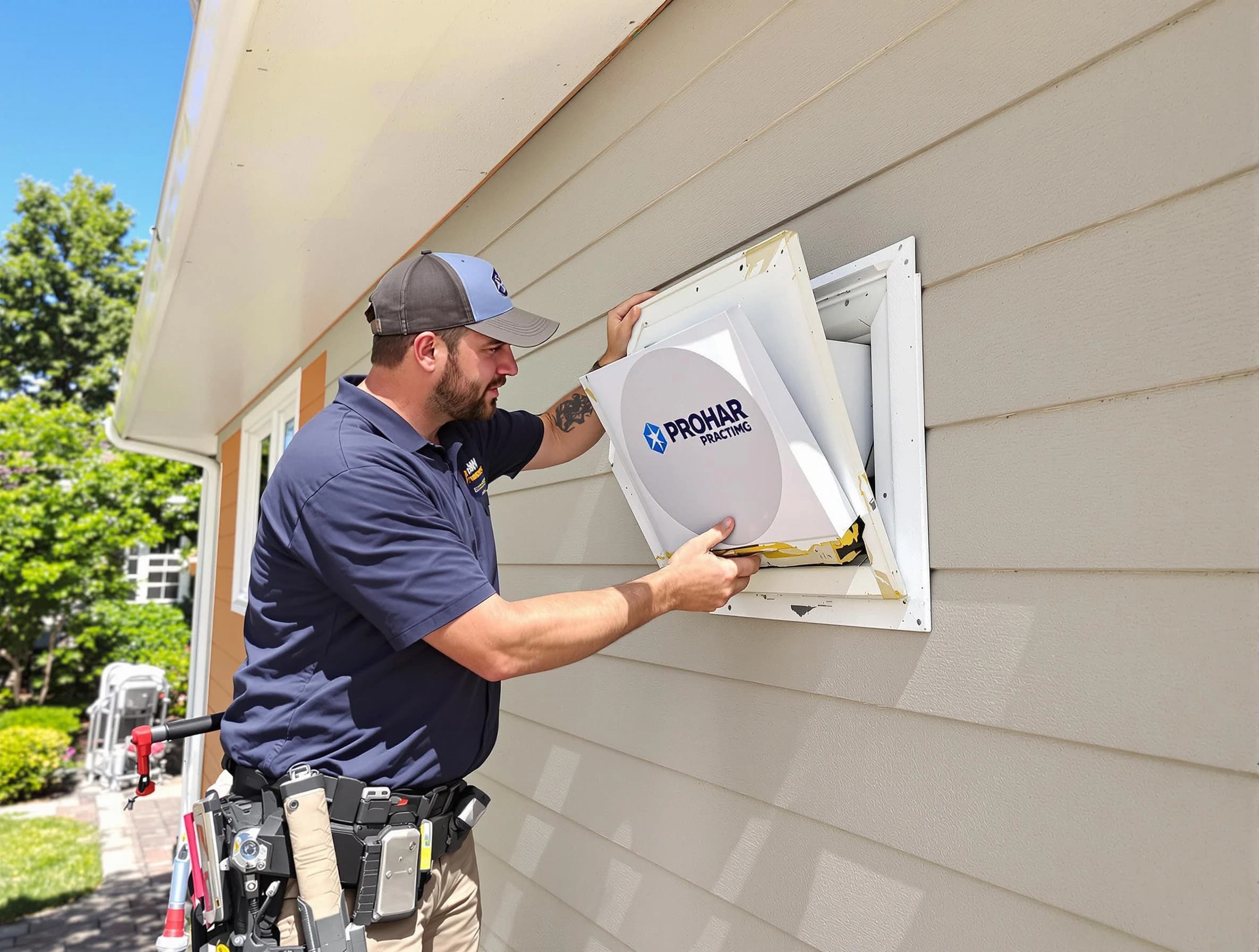 Union City Dryer Vent Cleaning technician installing a new protective dryer vent cover on a home in Union City