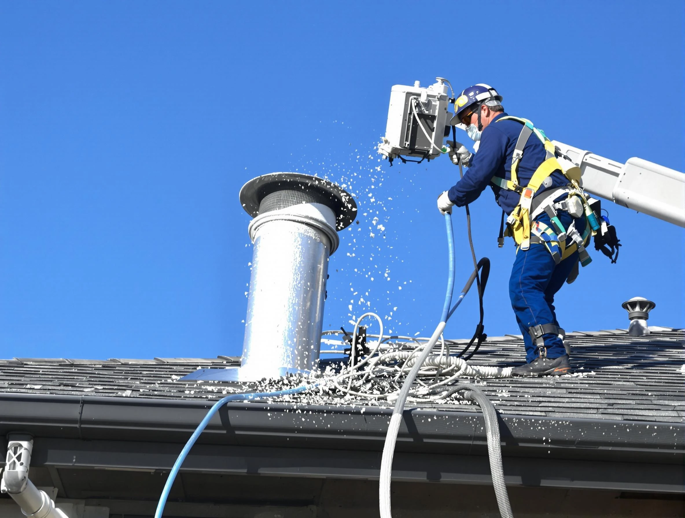 Union City Dryer Vent Cleaning certified technician safely cleaning a roof-mounted dryer vent in Union City